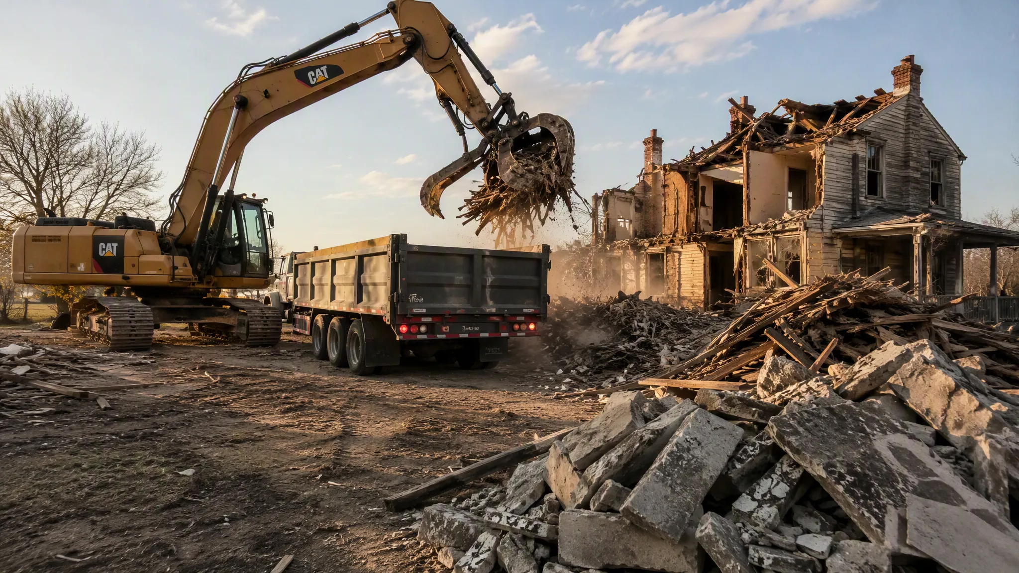 Excavator demolishing a weathered farmhouse structure