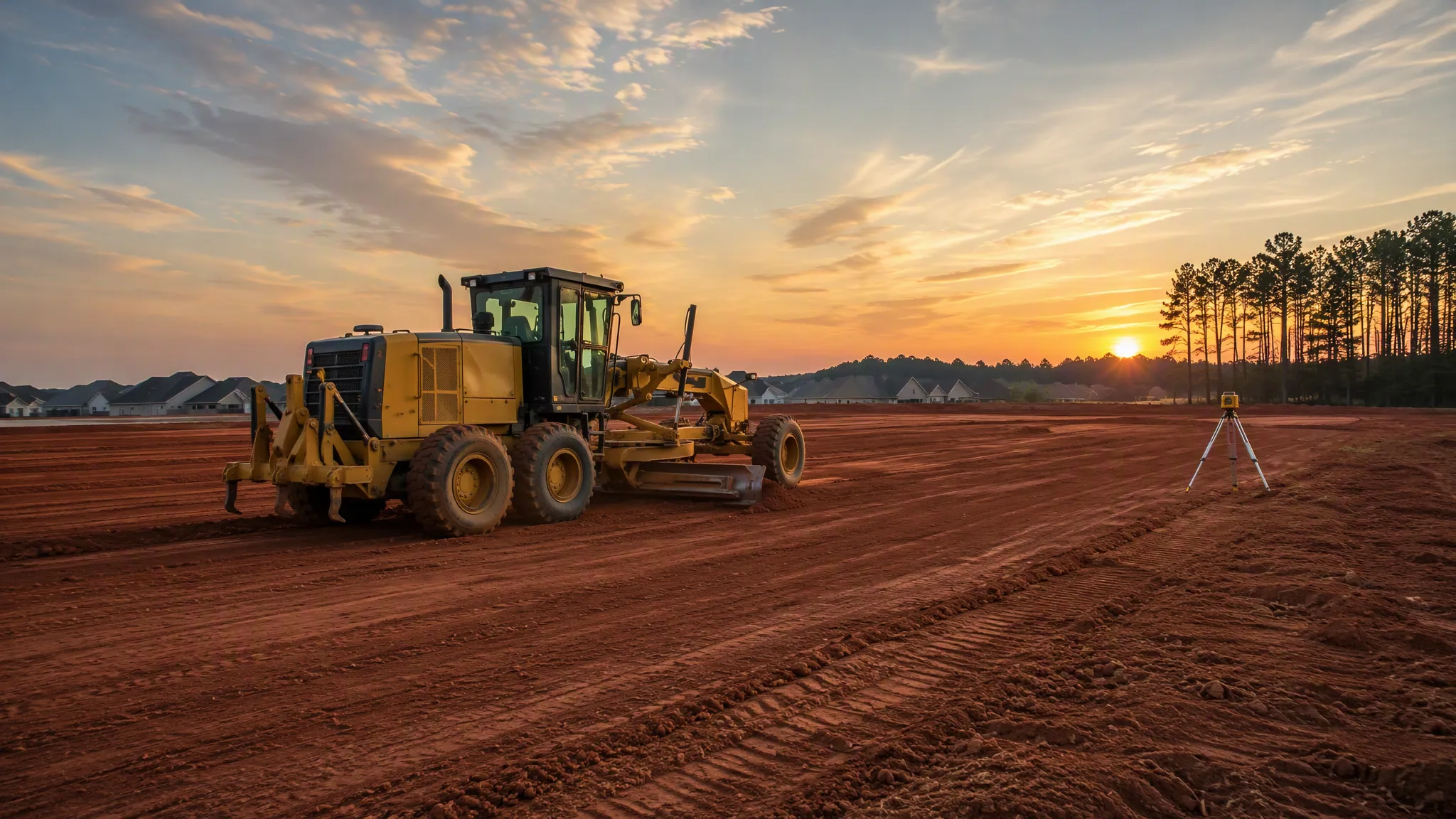 Precision grading of a large homesite pad at dusk