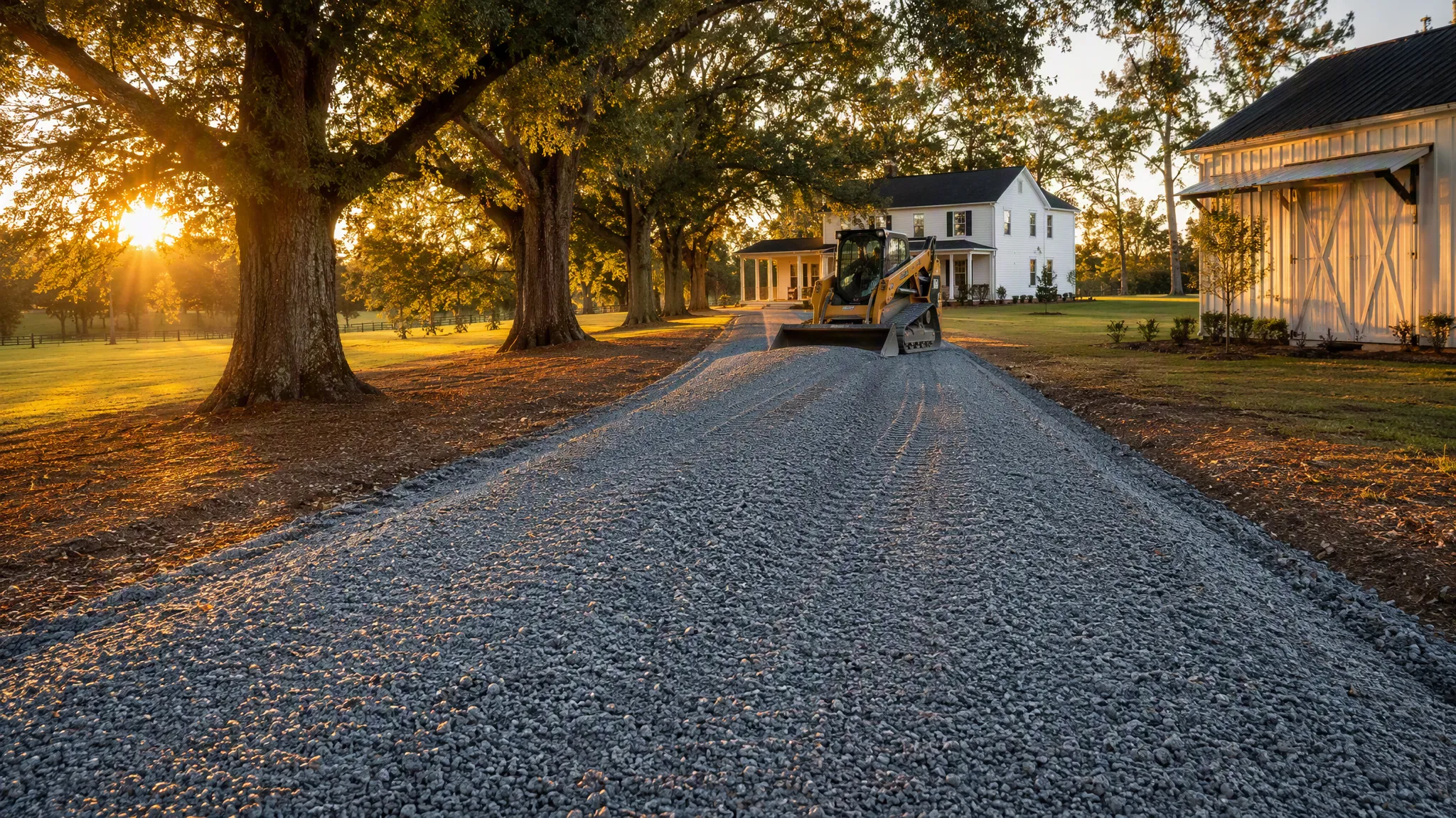 Freshly installed gravel driveway on a North Carolina homestead at golden hour