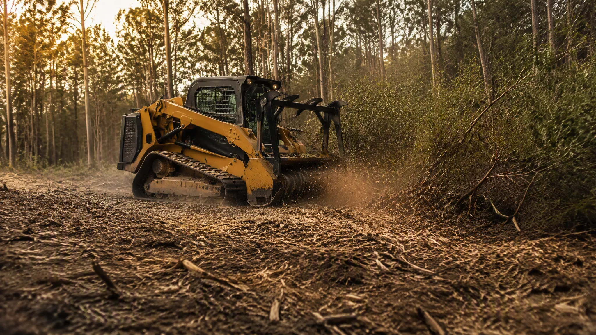 Land ClearCo forestry mulcher grinding brush on a wooded Raleigh, NC lot at golden hour