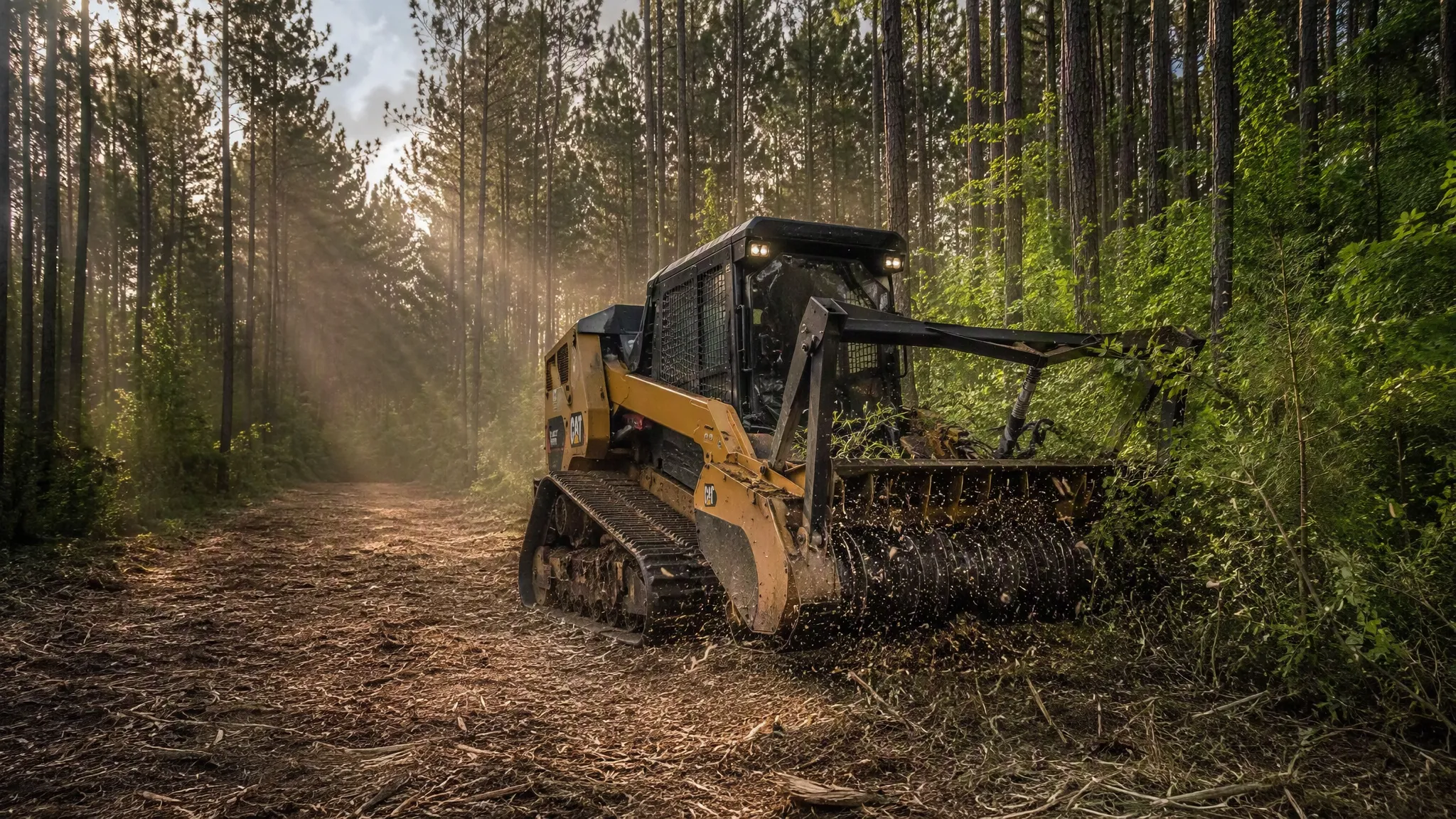 Forestry mulcher clearing dense brush in a North Carolina pine forest