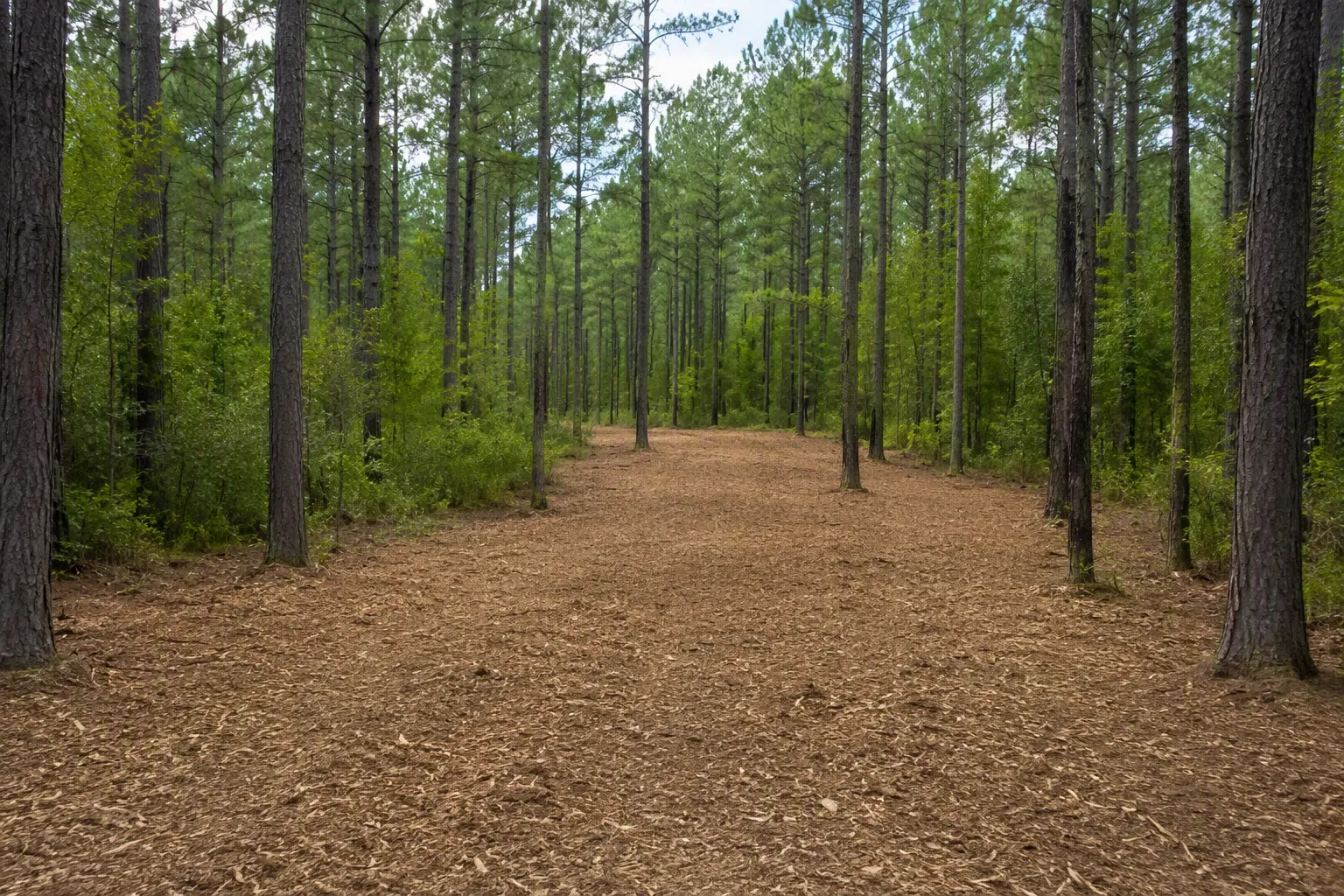 Freshly mulched corridor through a pine forest after forestry mulching