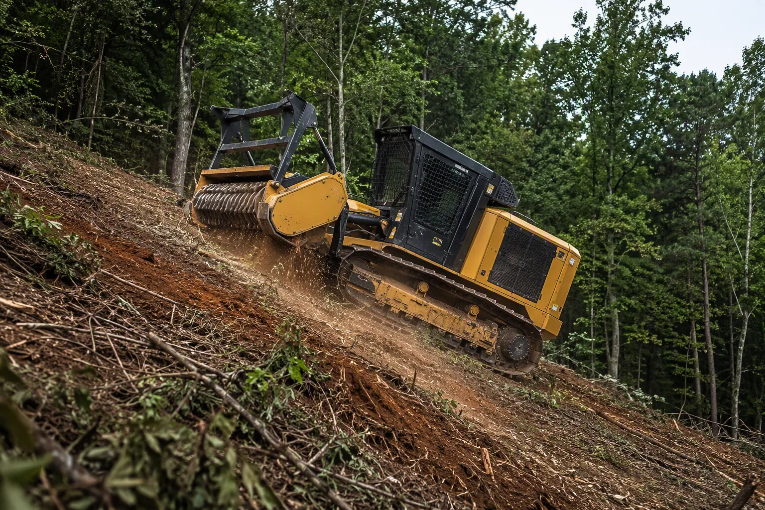 Tracked forestry mulcher working a steep wooded hillside