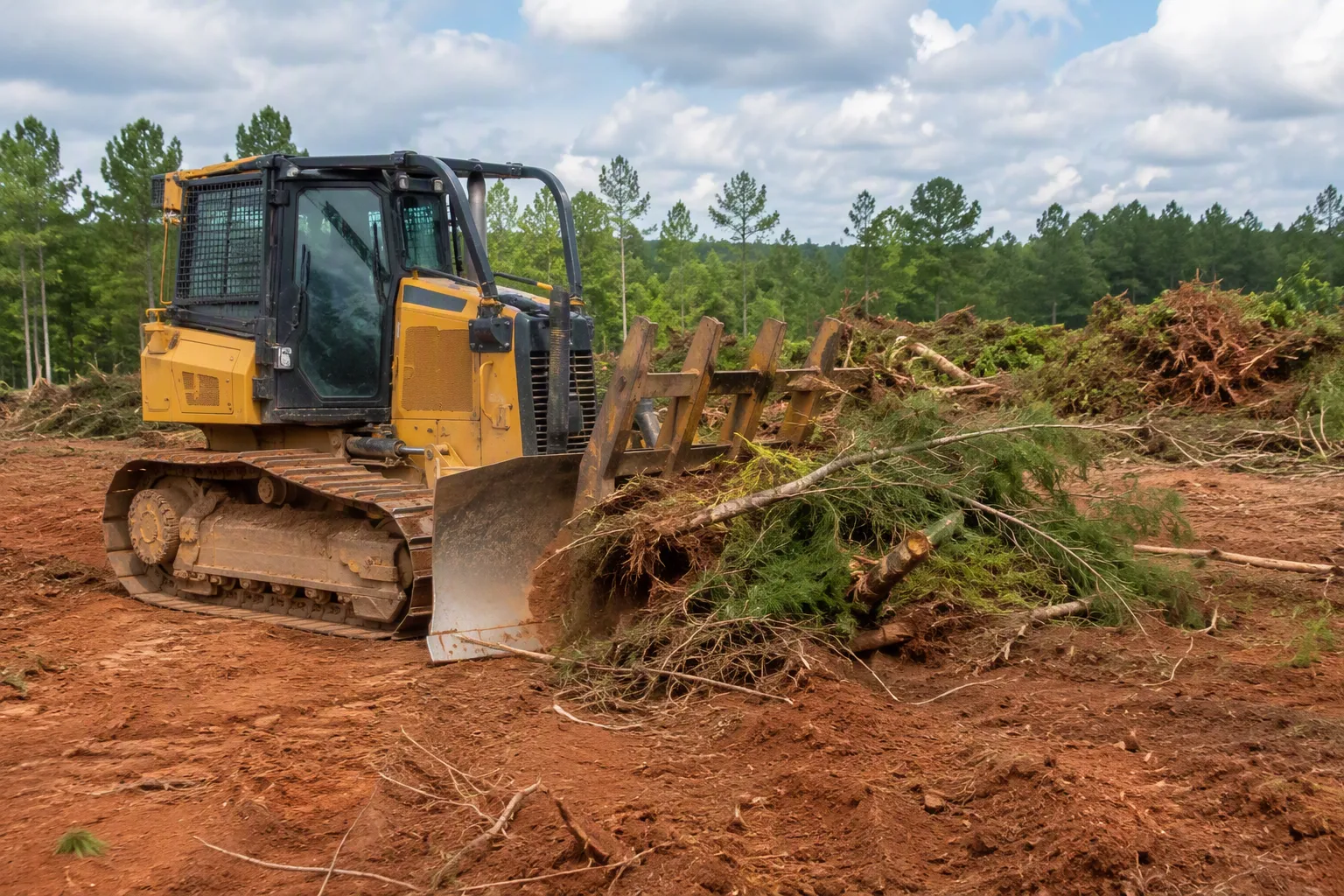 Caterpillar bulldozer clearing trees and grubbing stumps on a red clay lot