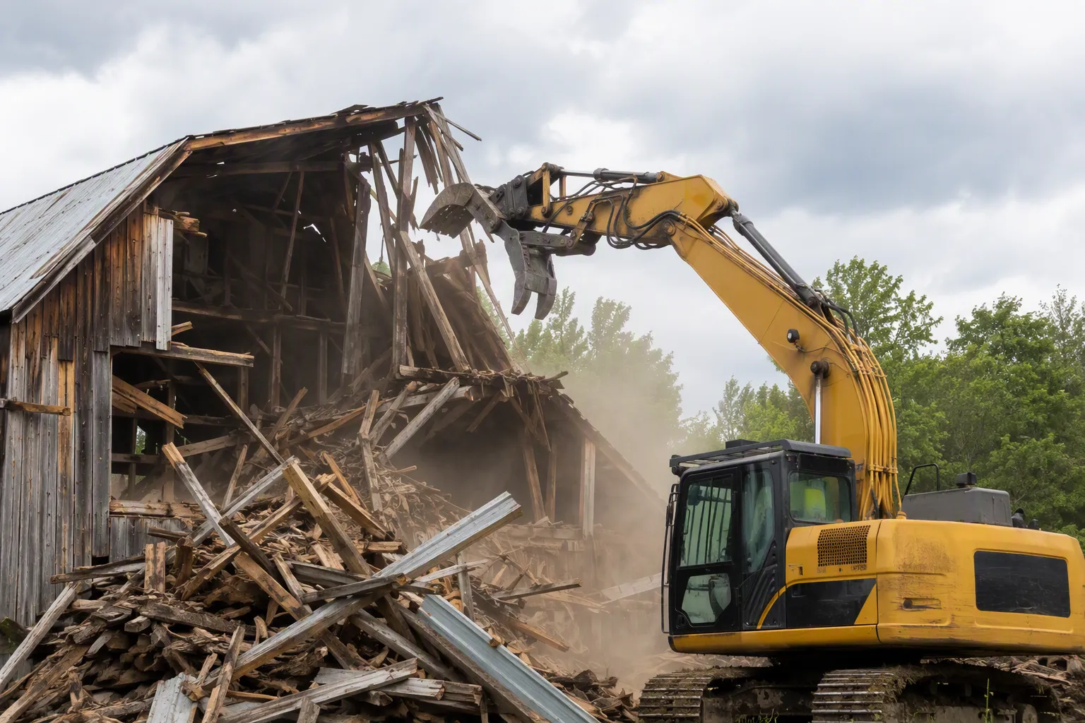Excavator demolishing an old barn structure on rural land