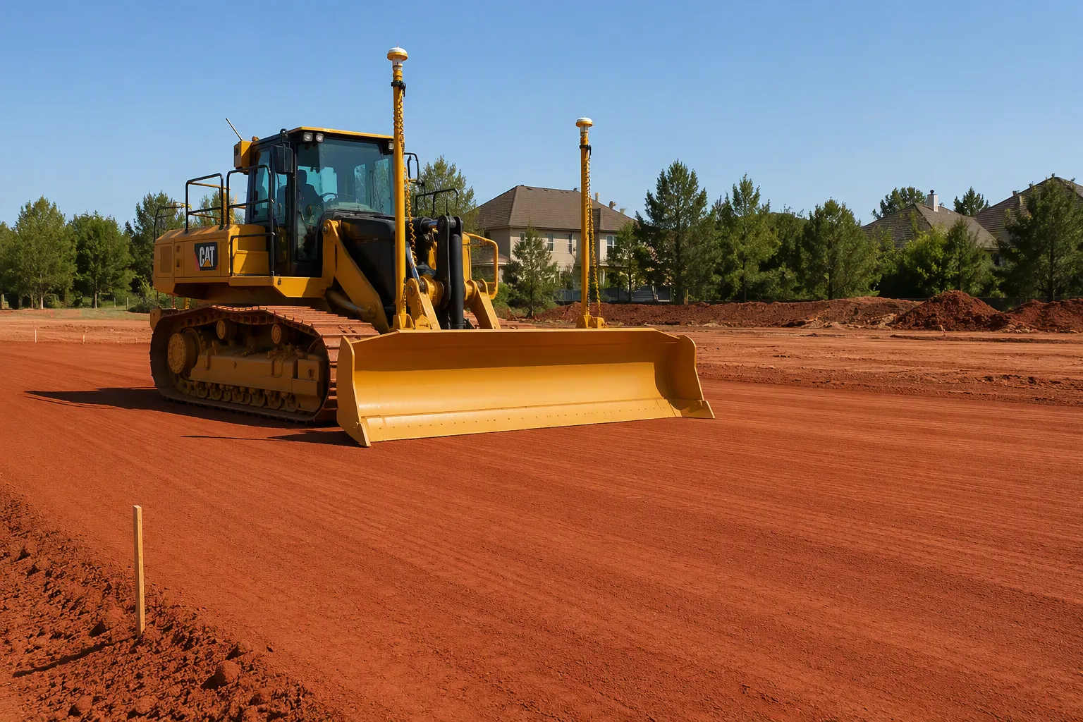 Caterpillar dozer finishing a level red clay building pad